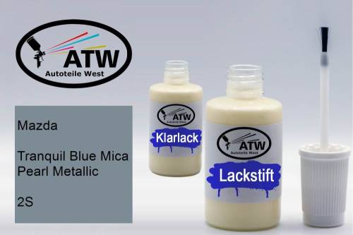 Mazda, Tranquil Blue Mica Pearl Metallic, 2S: 20ml Lackstift + 20ml Klarlack - Set, von ATW Autoteile West.